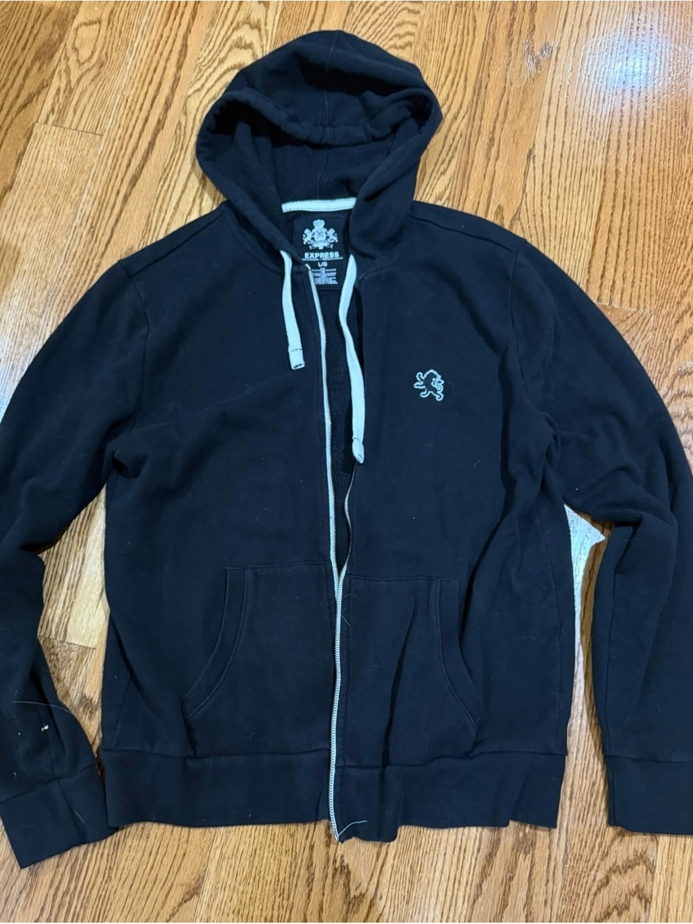 Express Men’s Black Zip Hoodie with Light Gray Drawstrings